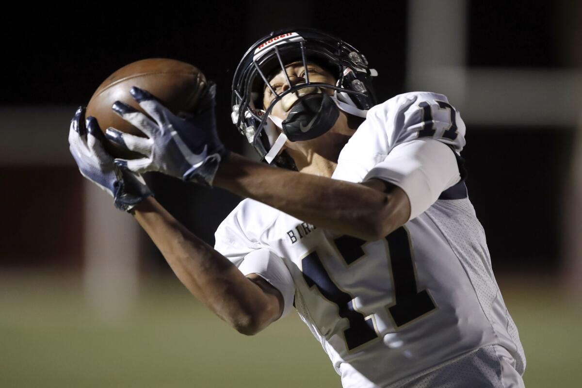 Birmingham wide receiver Peyton Waters catches a touchdown pass against San Pedro in the 2021 City Section championship game.