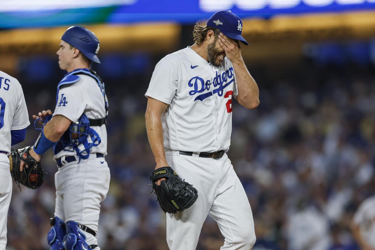 Dodgers pitcher Clayton Kershaw reacts to being pulled in the first inning against the Arizona Diamondbacks on Oct. 7, 2023.