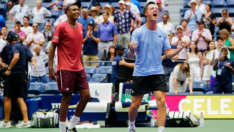 Joe Salisbury, of Great Britain, right, and Rajeev Ram, of the United States, react after defeating Rohan Bopanna, of India, and Matthew Ebden, of Australia, during the men&#39;s doubles final of the U.S. Open tennis championships, Friday, Sept. 8, 2023, in New York. (AP Photo/Frank Franklin II)